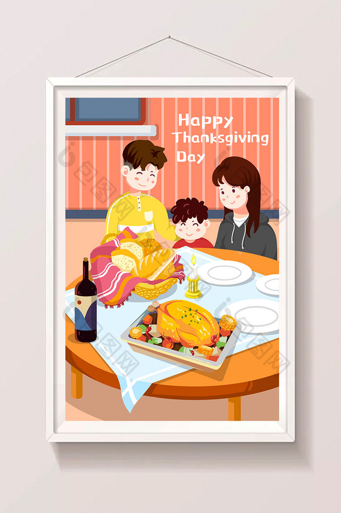 温馨感恩节一家人团聚吃火鸡插画图片图片