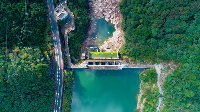 航拍浙江山区小型水力发电站