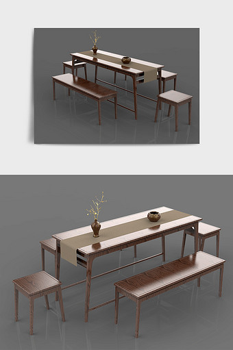 中式传统四方桌茶几C4D模型图片