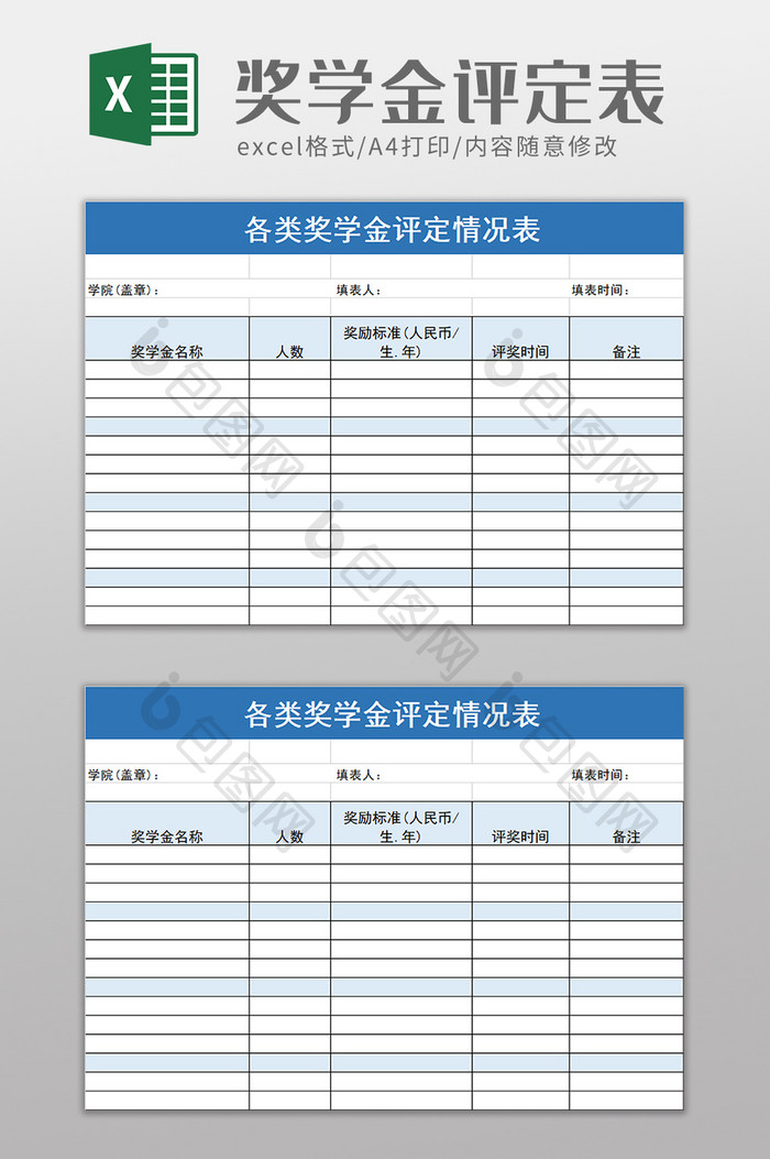 各类奖学金评定情况表excel模板