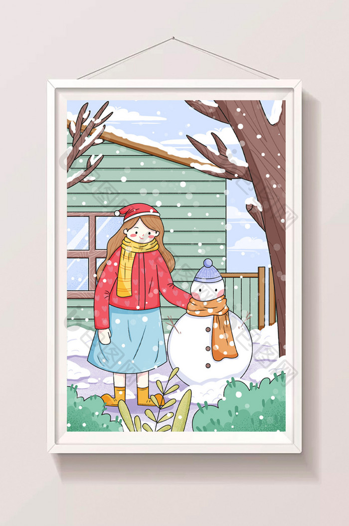 小雪立冬女孩庭院堆雪人卡通插画