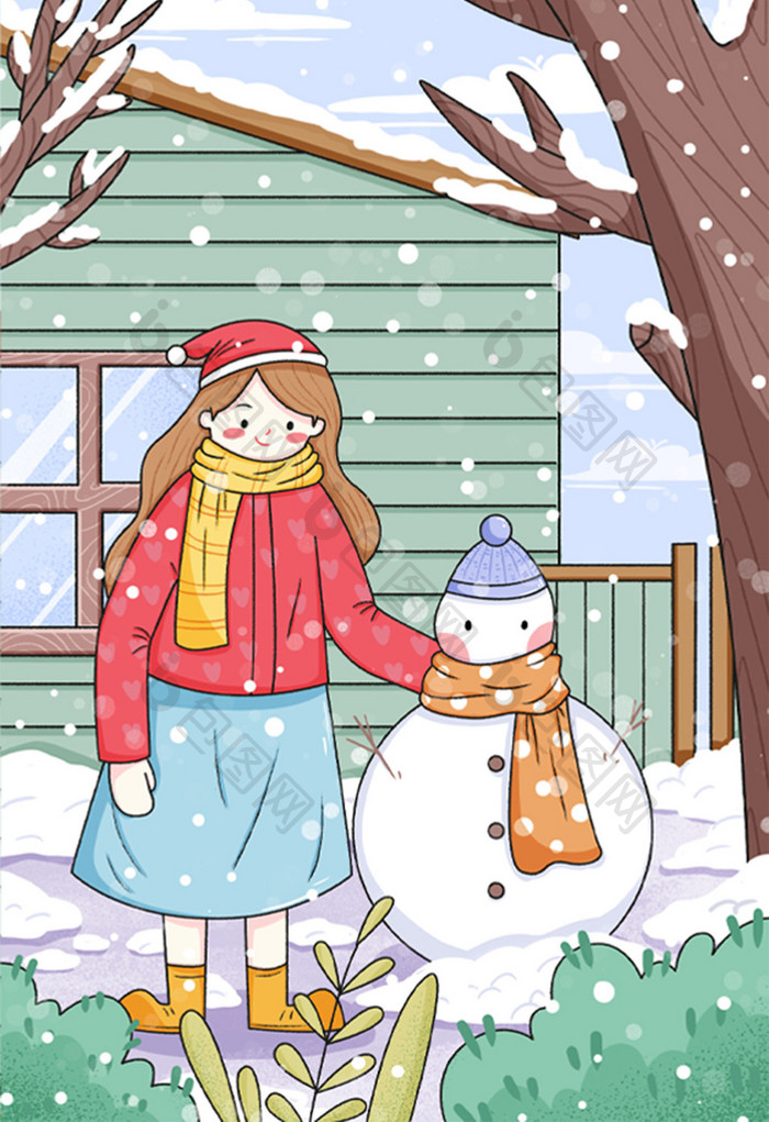 小雪立冬女孩庭院堆雪人卡通插画