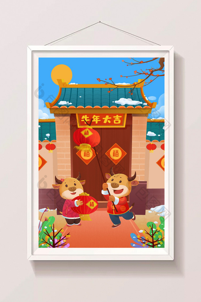 牛年新年新春灯笼张灯结彩吉祥插画图片图片