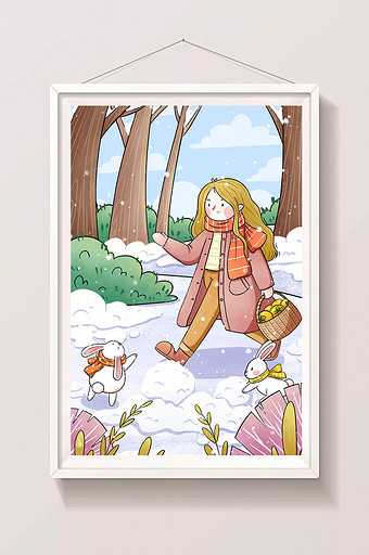 立冬小雪节气女孩与兔子插画图片