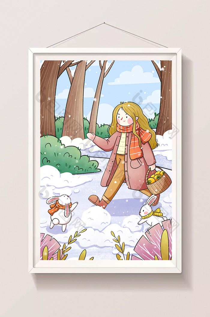 立冬小雪节气女孩与兔子插画