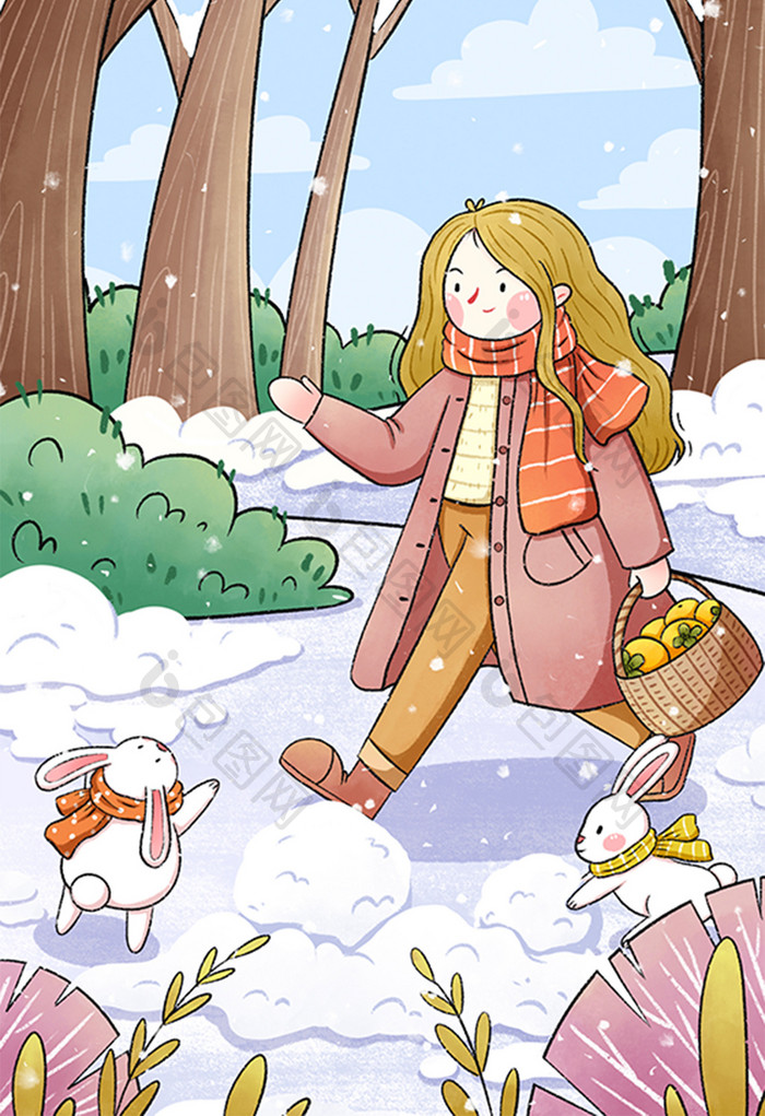 立冬小雪节气女孩与兔子插画