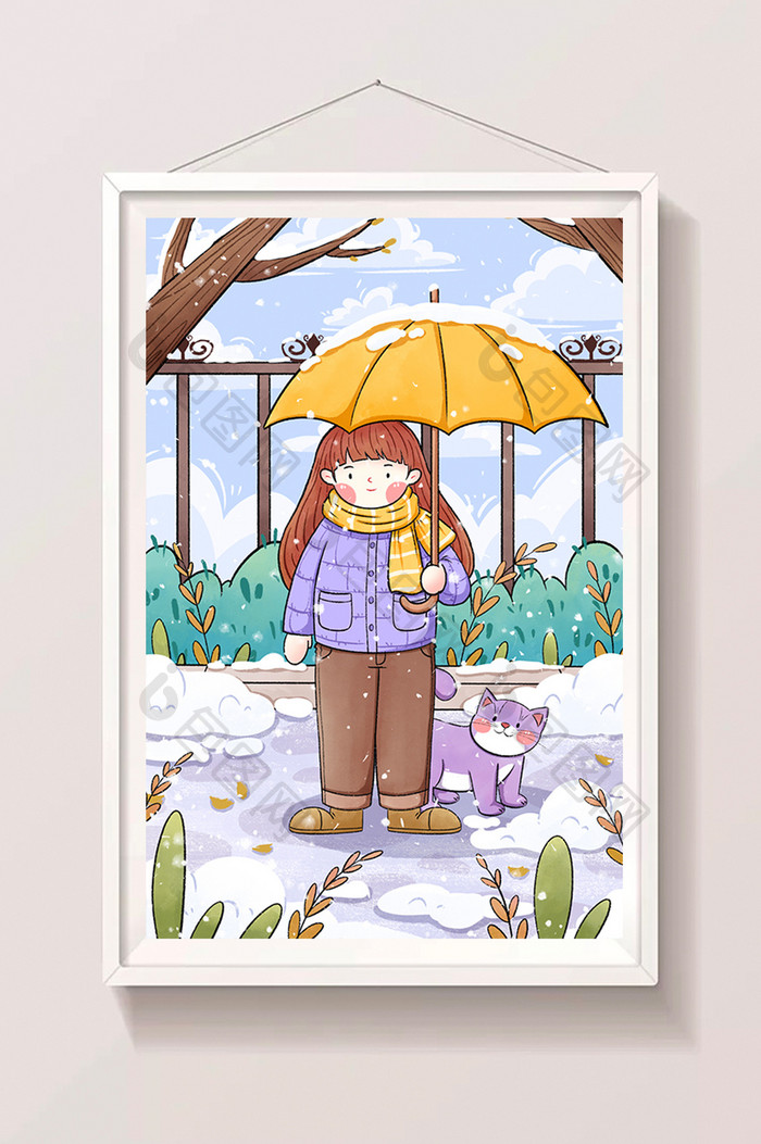 小雪大雪节气撑伞的女孩手绘插画