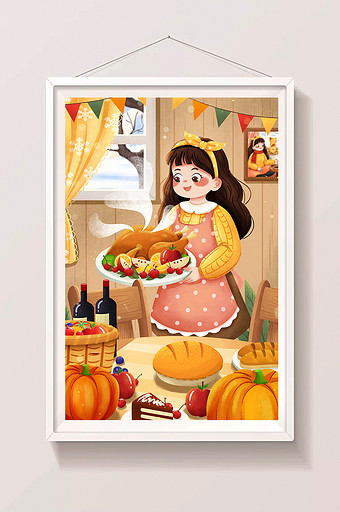 感恩节丰盛美食火鸡女孩温馨居家冬季插画图片