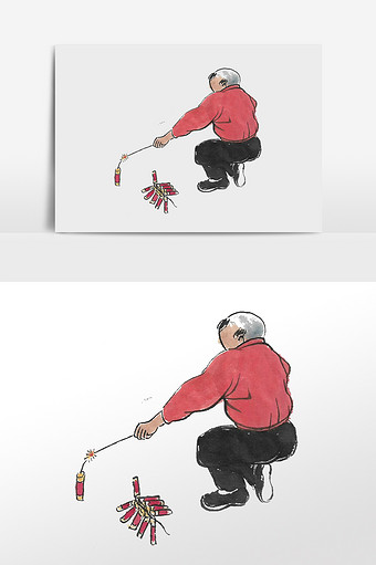 水墨男孩过新年放鞭炮