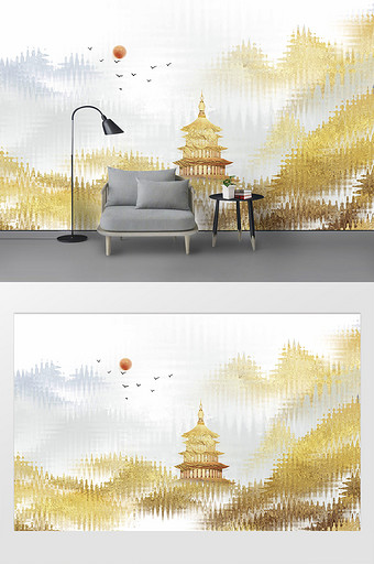 新中式鎏金创意山水画电视背景墙图片