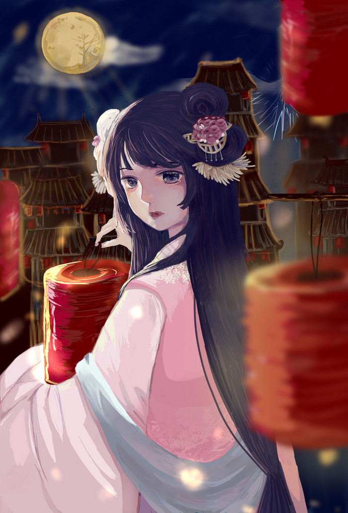 粉古风少女持灯笼古建筑楼顶插画