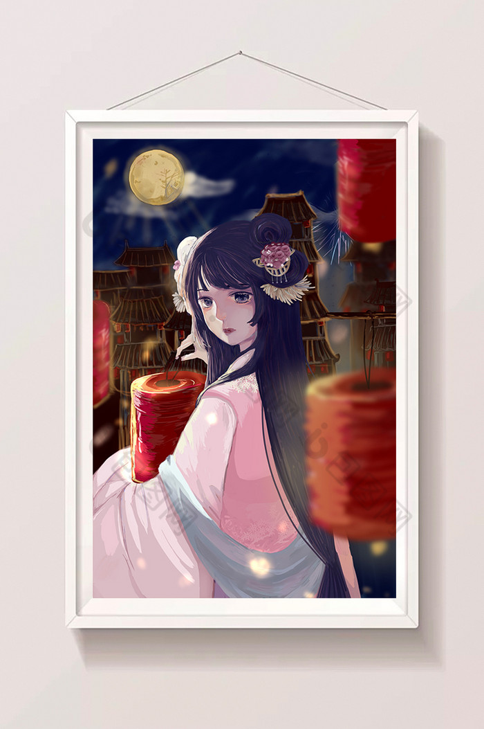 粉古风少女持灯笼古建筑楼顶插画