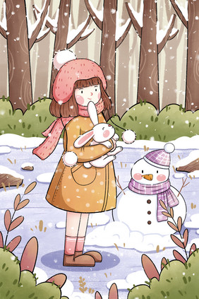 清新二十四节气小雪女孩与雪人插画