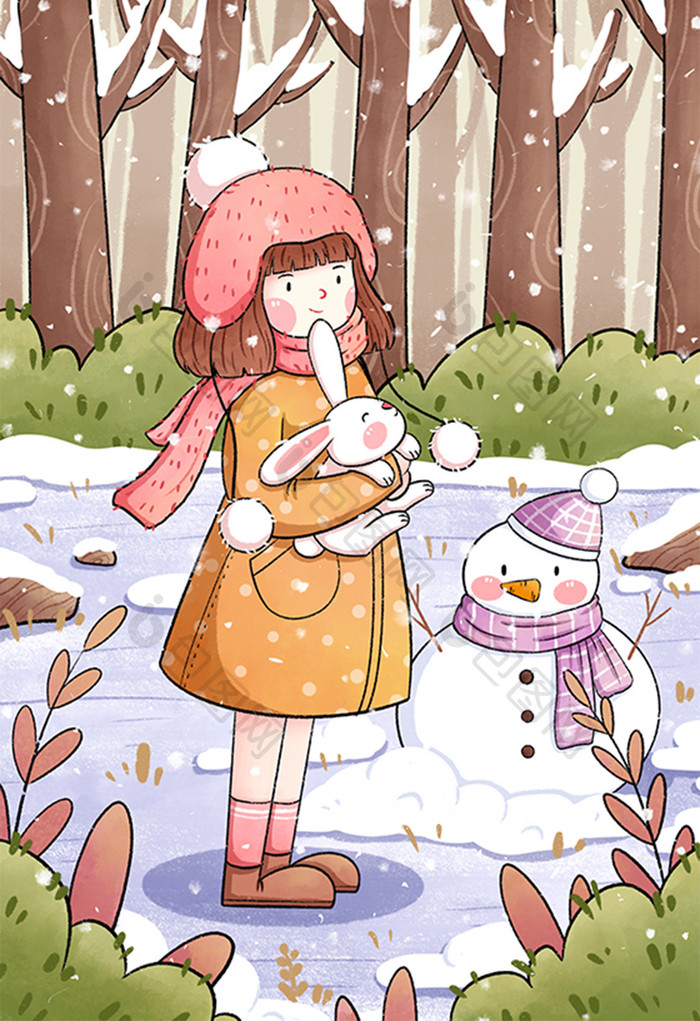 清新二十四节气小雪女孩与雪人插画