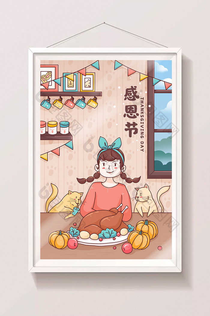 感恩节吃火鸡插画海报