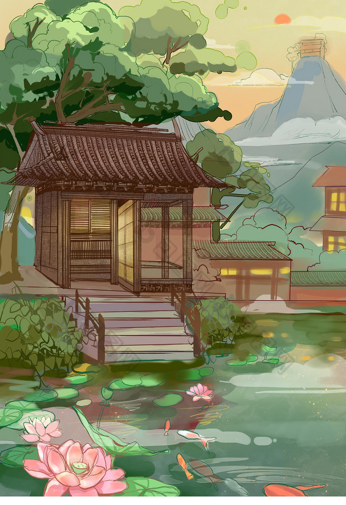 翠静谧杭州亭苑湖畔桃花源风景图