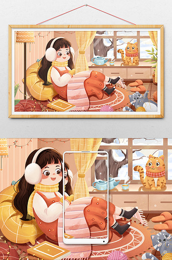 二十四节气小雪居家女孩与猫冬季插画图片