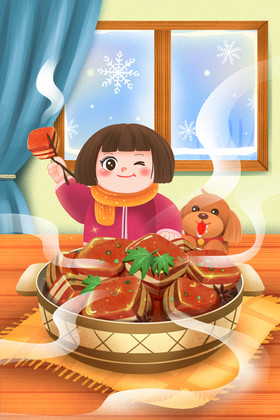 冬天女孩和狗狗吃红烧肉插画