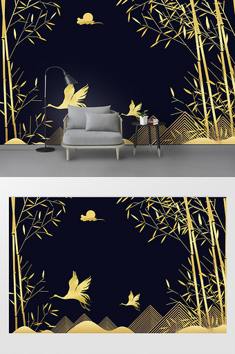 新中式金色竹子仙鹤山水画客厅背景墙图片