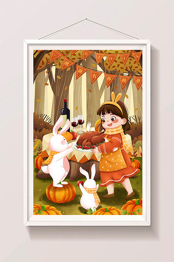 感恩节火鸡女孩与兔子南瓜插画图片