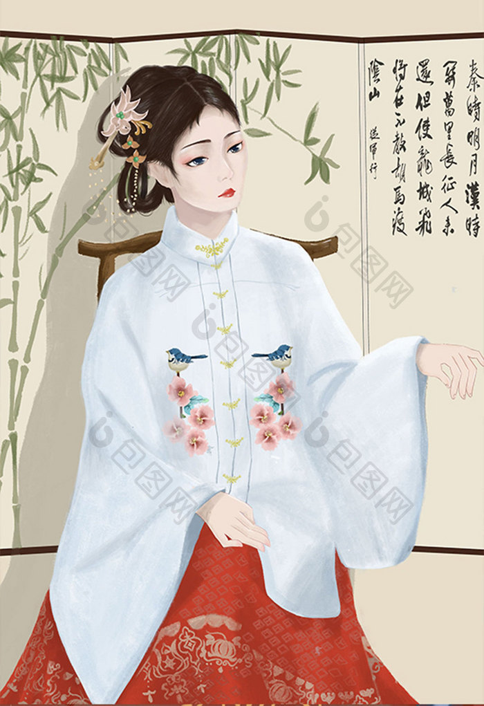 米色淑女清新中国风女子插画