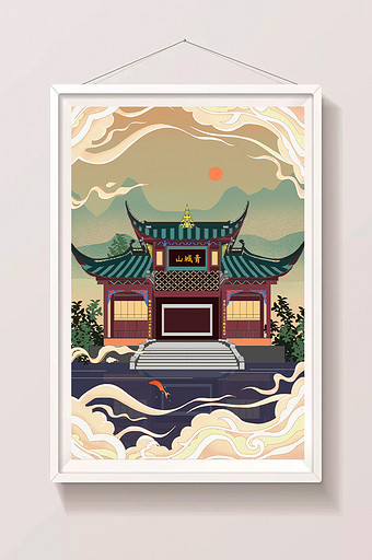 绿色中国风古建筑旅游插画图片