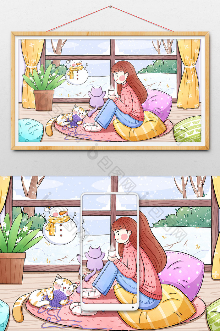 小雪大雪节气家居女孩与猫咪插画图片图片