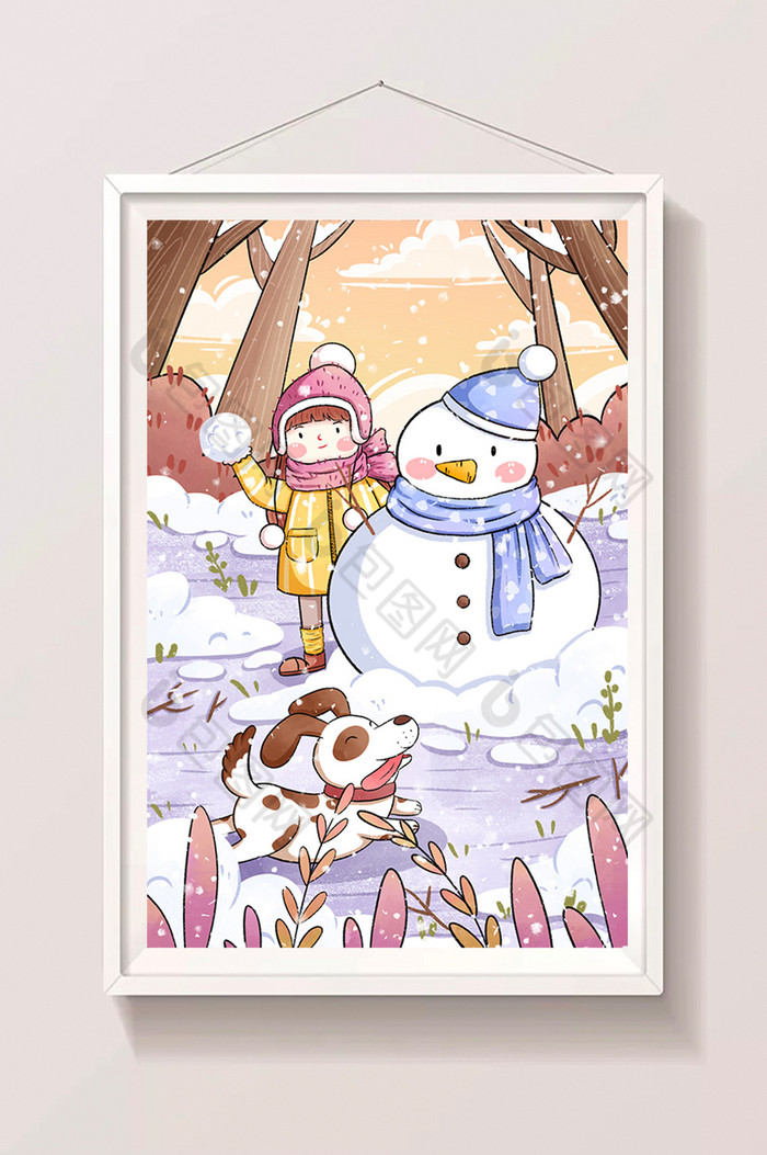 二十四节气小雪立冬女孩与小狗插画图片图片