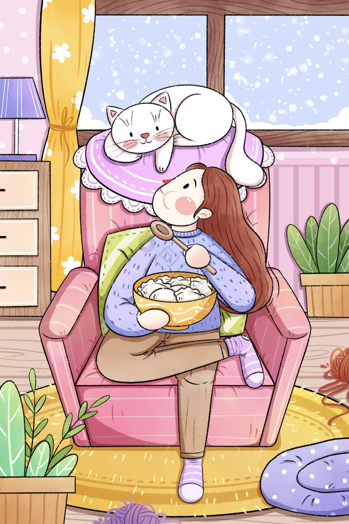 立冬节气女孩在家吃饺子插画图片