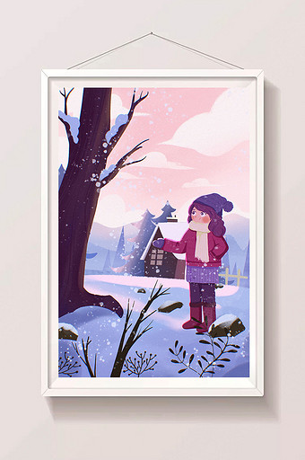 蓝紫色梦幻冬季落雪景色女孩看雪插画图片