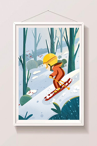 白色节⽓⽴冬⼩雪滑雪⼩孩插画图片