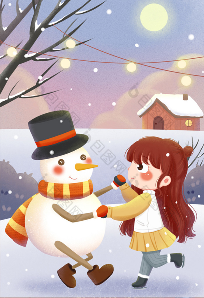 小雪节气之与雪人雪夜共舞插画