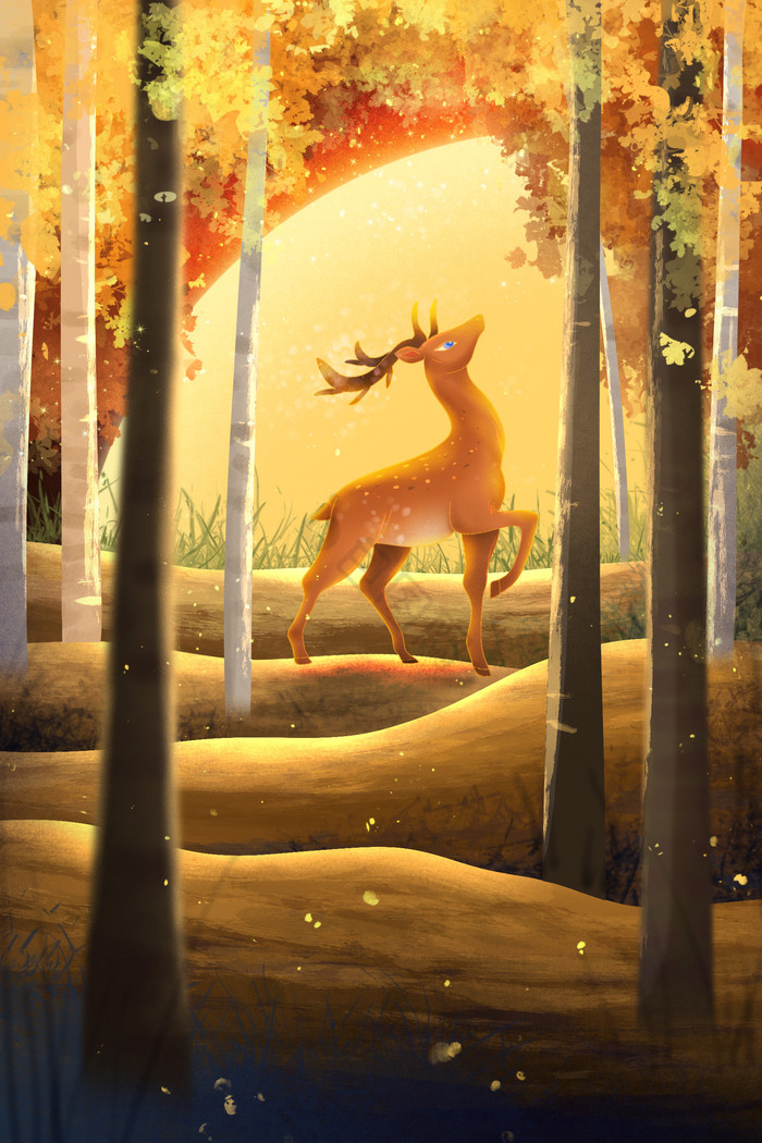 秋天林深见鹿风景插画图片