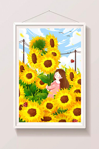 清新手绘女孩与向日葵插画图片