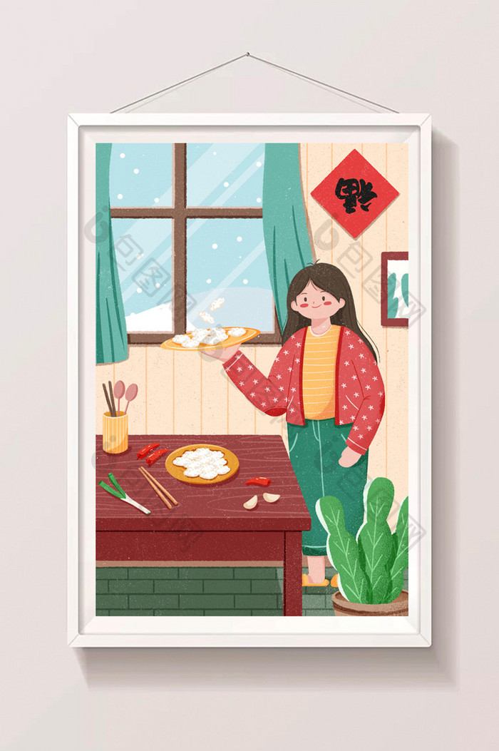 立冬女孩在家煮饺子过冬扁平插画