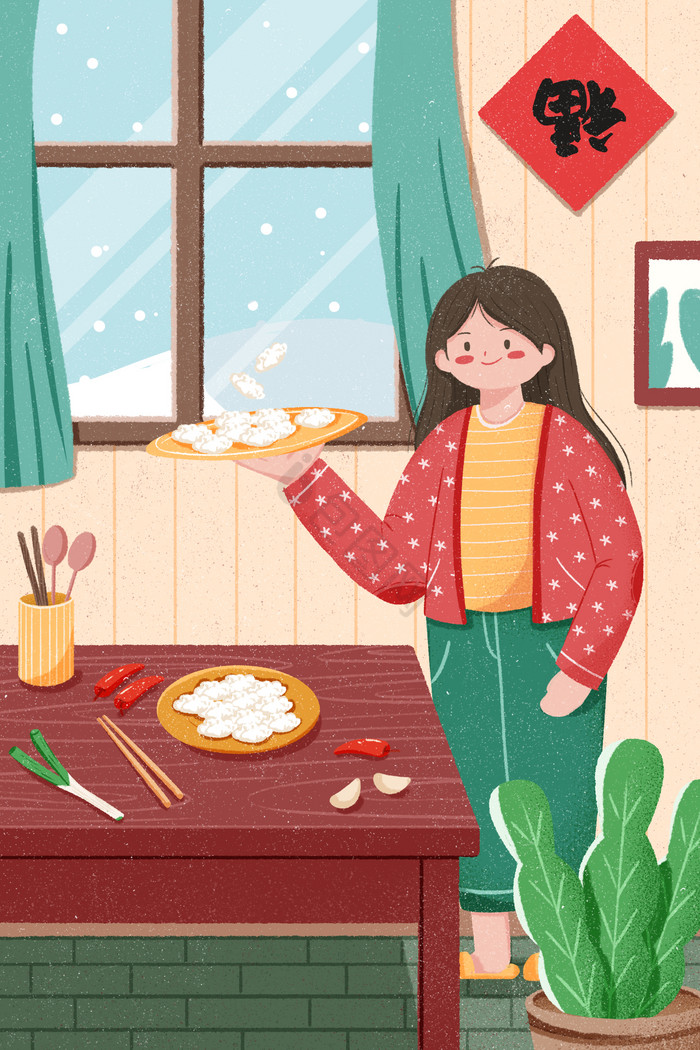立冬女孩在家煮饺子过冬插画图片