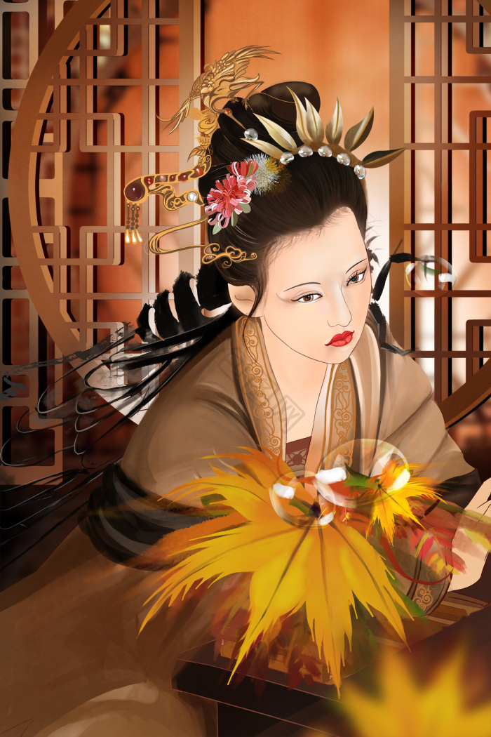 汉服古风古代美女闺房营销插画图片-包图网