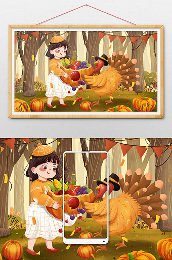 感恩节女孩与火鸡抬丰盛食物插画图片