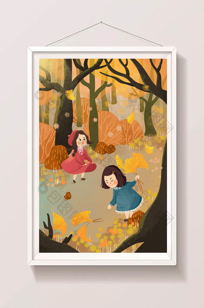 暖色秋天小女孩落叶插画图片图片