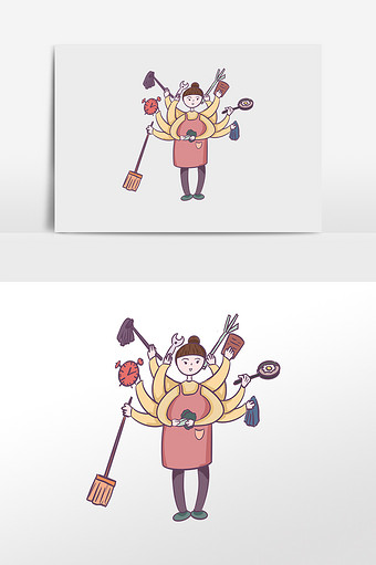 卡通忙碌打扫家庭妇女