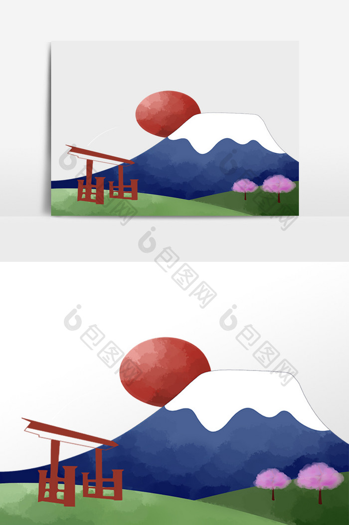 日式和风富士山日落