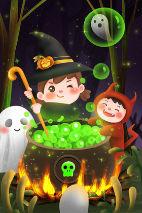 万圣节女巫熬魔法药水插画