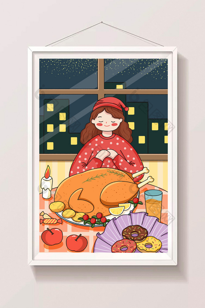 红色感恩节烤火鸡祈祷卡通可爱插画