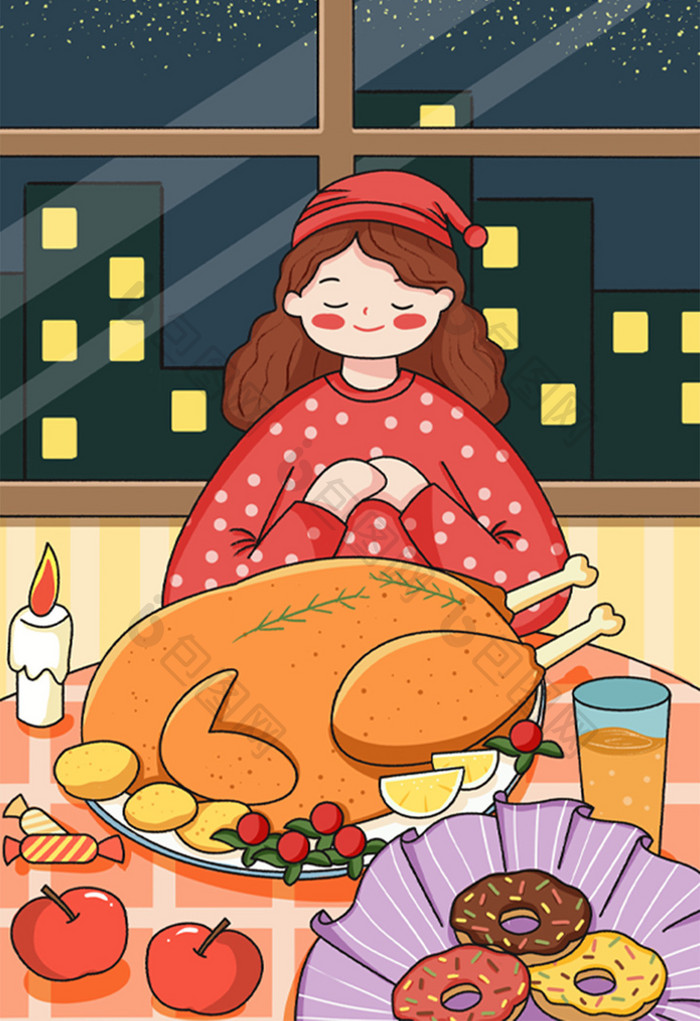 红色感恩节烤火鸡祈祷卡通可爱插画