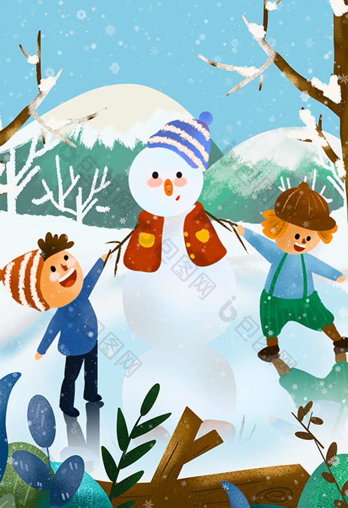 白色蓝色小孩与雪人大雪节气插画