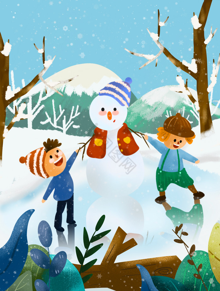 小孩与雪人大雪节气插画图片