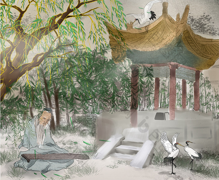 复古中国风水墨风光中式别院创意地产海报