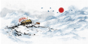 古风传统中华刺绣淡雅水墨房子背景