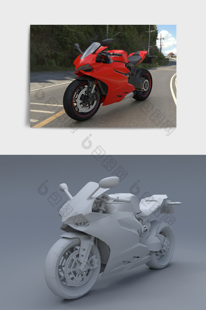红色摩托车赛车C4D模型