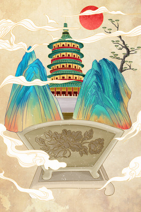 中国风手明堂绘建筑插画图片